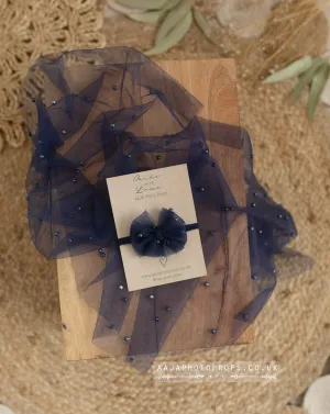 Baby newborn pearl beaded layer and bow tieback, dark blue, RTS
