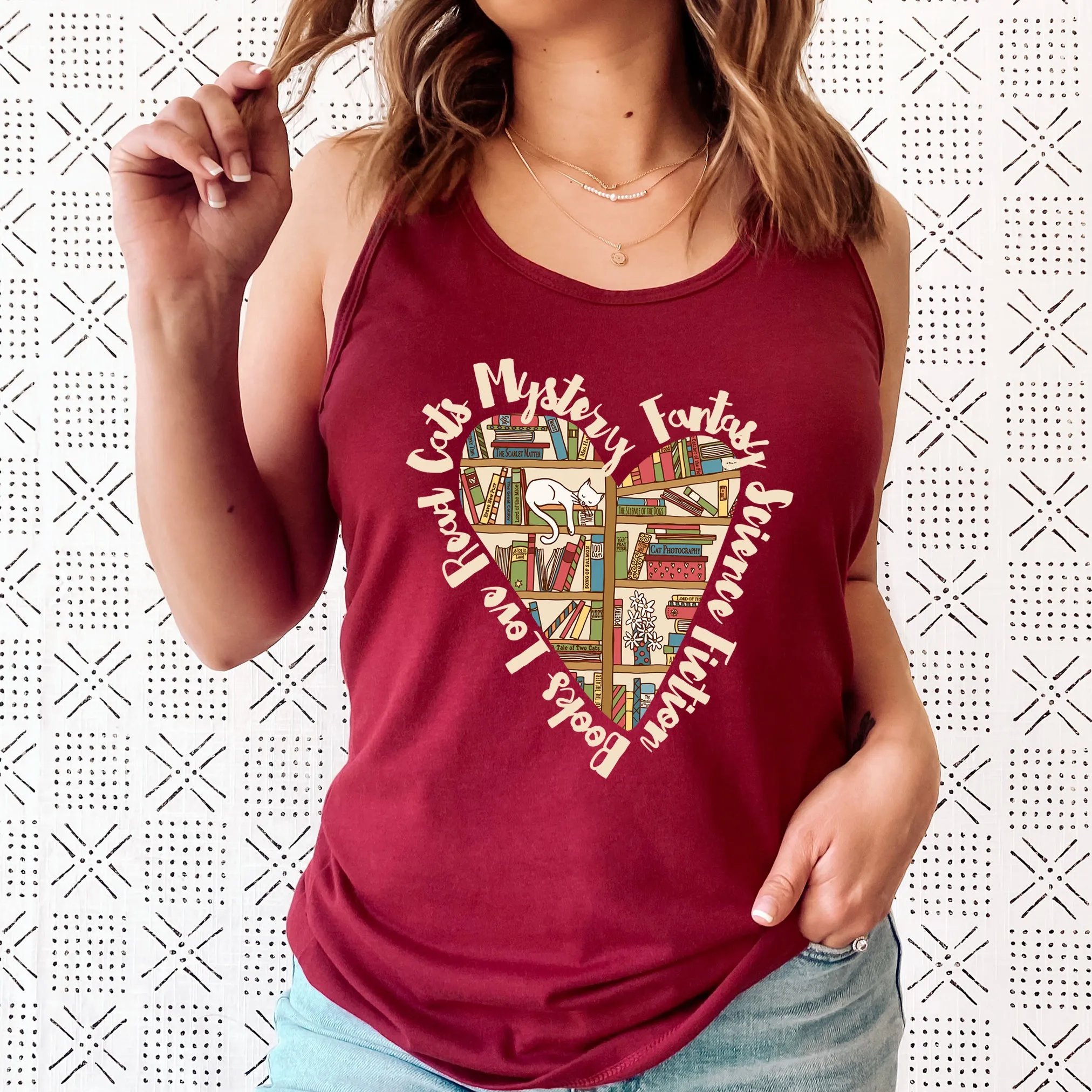 Book Lover Heart Cat Lady T-shirt | Cat Lover Bookworm Gifts | Women's Slim-fit Racerback Tank Top