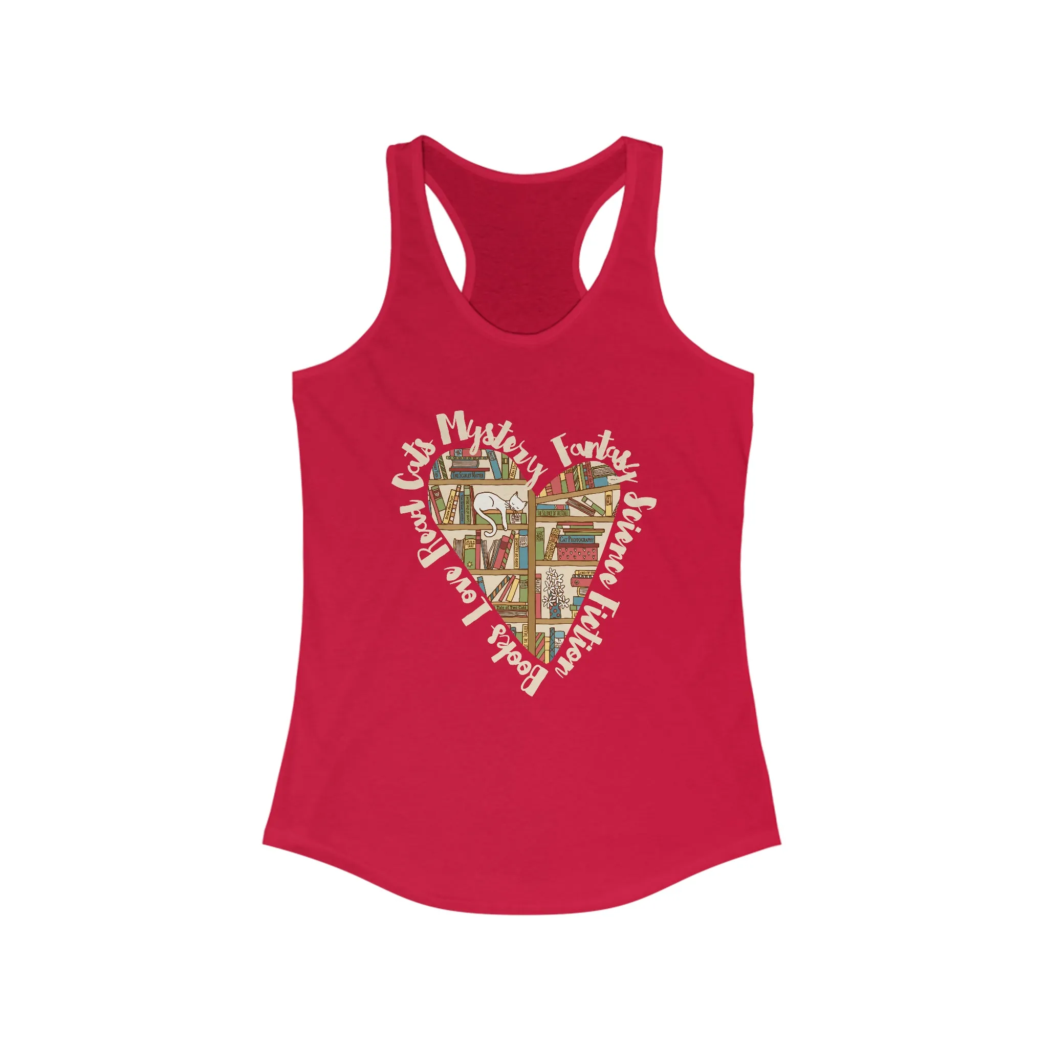 Book Lover Heart Cat Lady T-shirt | Cat Lover Bookworm Gifts | Women's Slim-fit Racerback Tank Top