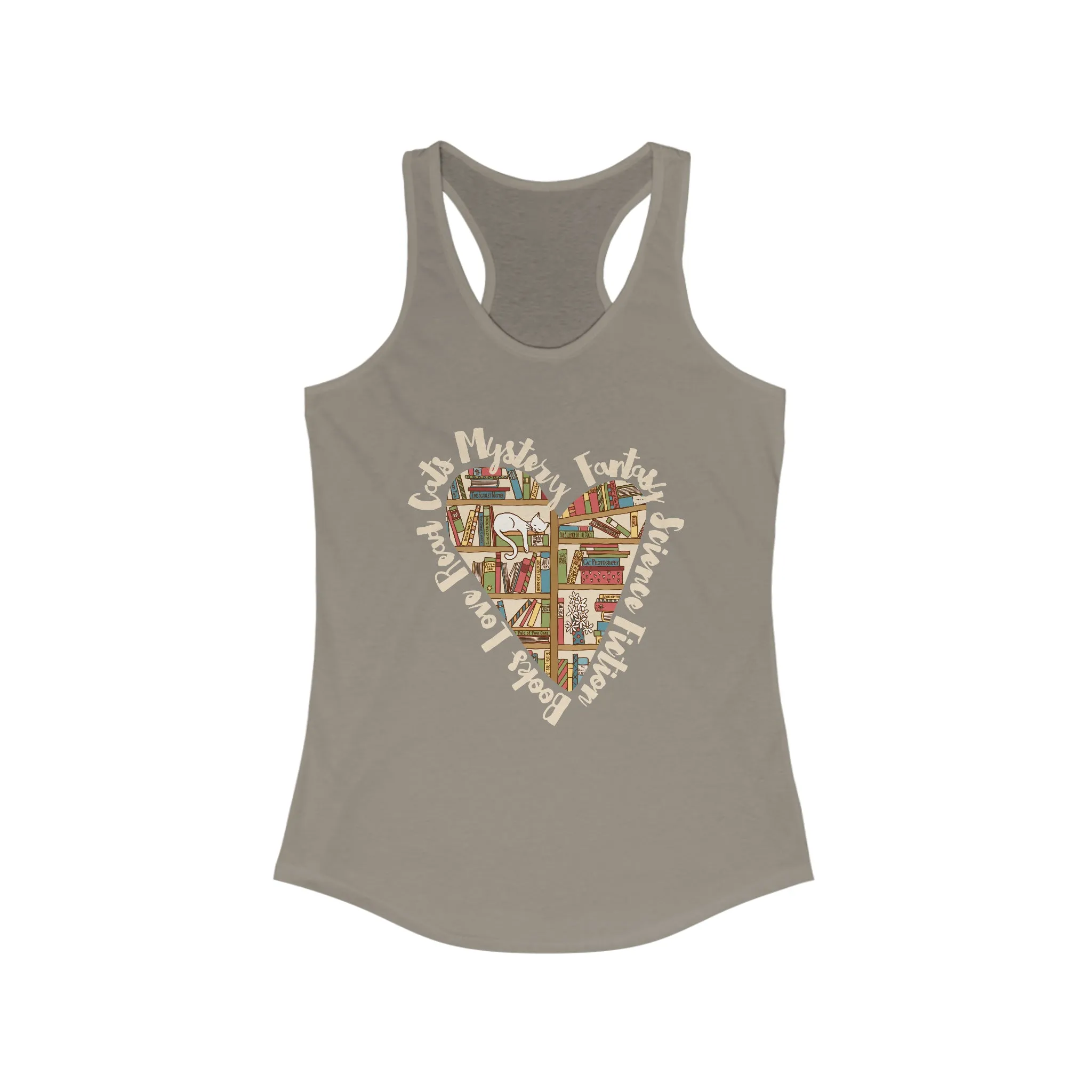 Book Lover Heart Cat Lady T-shirt | Cat Lover Bookworm Gifts | Women's Slim-fit Racerback Tank Top