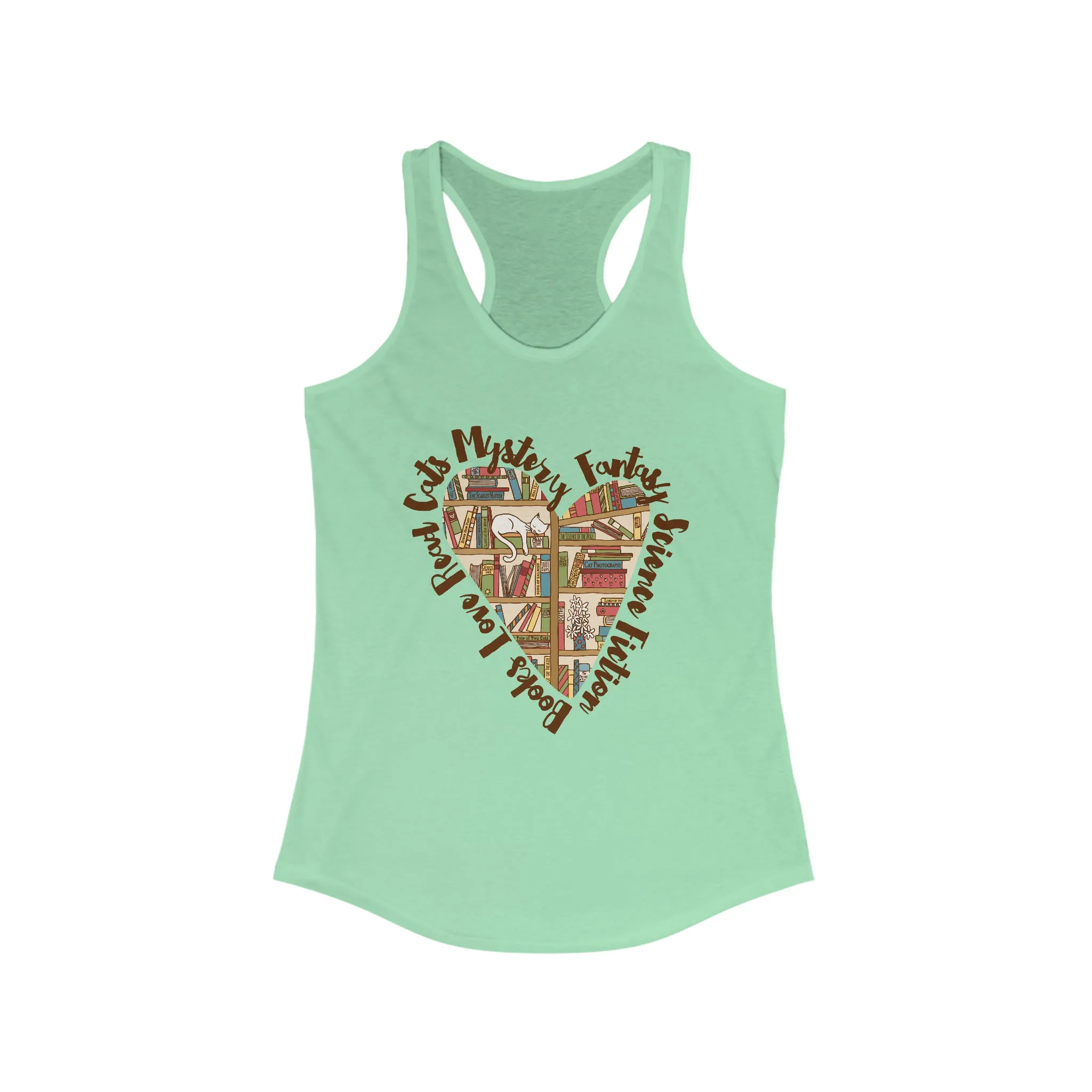 Book Lover Heart Cat Lady T-shirt | Cat Lover Bookworm Gifts | Women's Slim-fit Racerback Tank Top