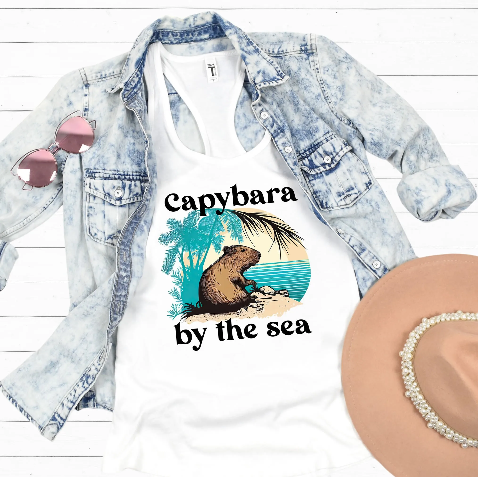 Capybara By The Sea Shirt | Capybara Lover Gift | Tropical Island Shirt | Funny Capybara Shirt | Women's Slim-fit Racerback Tank Top
