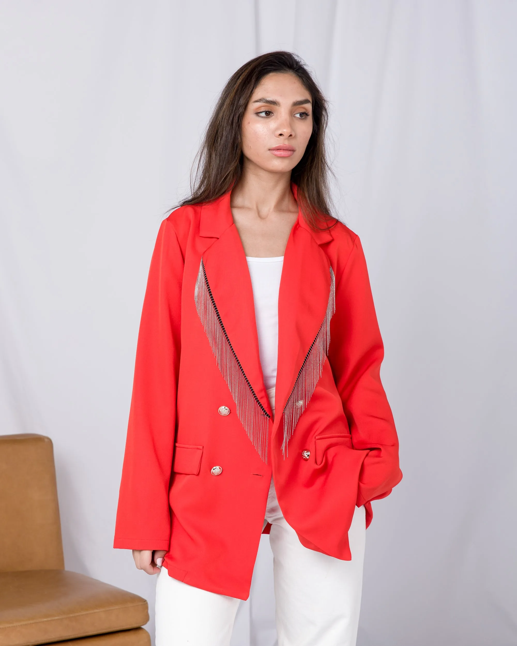 Double Breatsed Fringe trim Blazer 2689 - بليزر