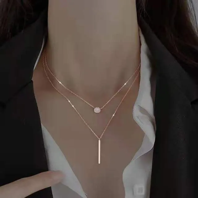 Double-Layered Necklace With Plate And Bar Pendant (Rose Gold   Silver)