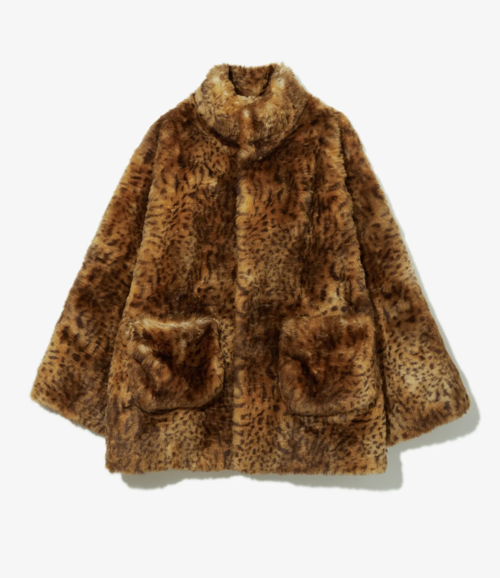 Eco Fur Stand Up Collar Coat - Leopard