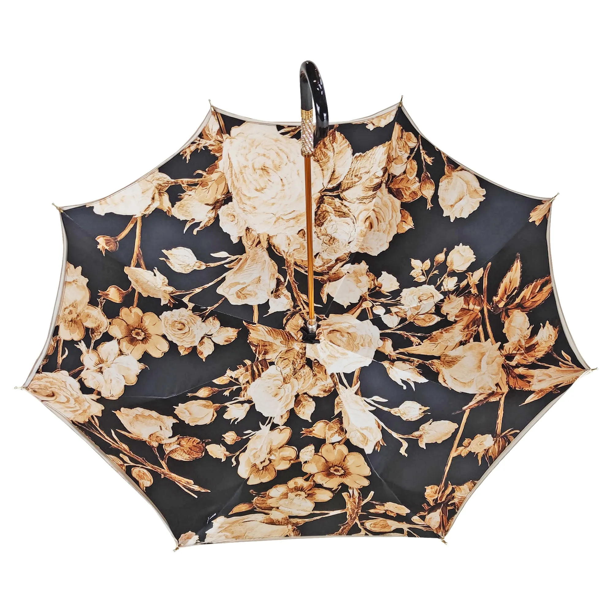 Elegant ladies umbrella with black and brown flowered design