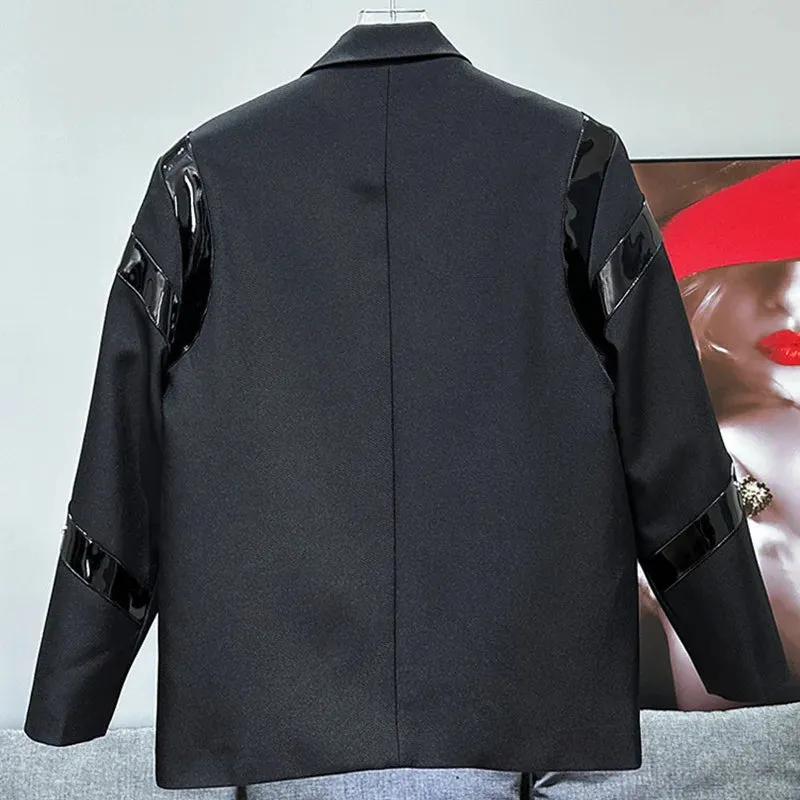 Glossy PU Leather Patchwork Design Blazer