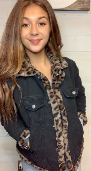 Leopard Black Denim Jacket