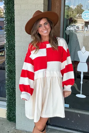 Mixed Media Striped Sweater Dress-Red/Ivory