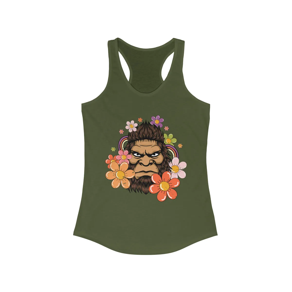 Retro 70s Floral Bigfoot Shirt | Funny Flower Power Shirt | Women's Slim-fit Racerback Tank Top