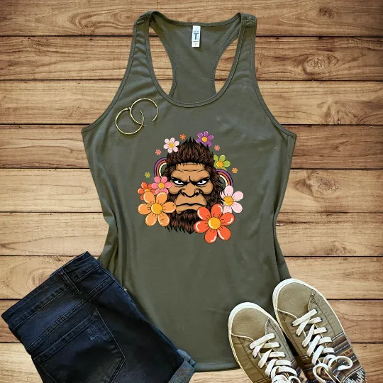 Retro 70s Floral Bigfoot Shirt | Funny Flower Power Shirt | Women's Slim-fit Racerback Tank Top