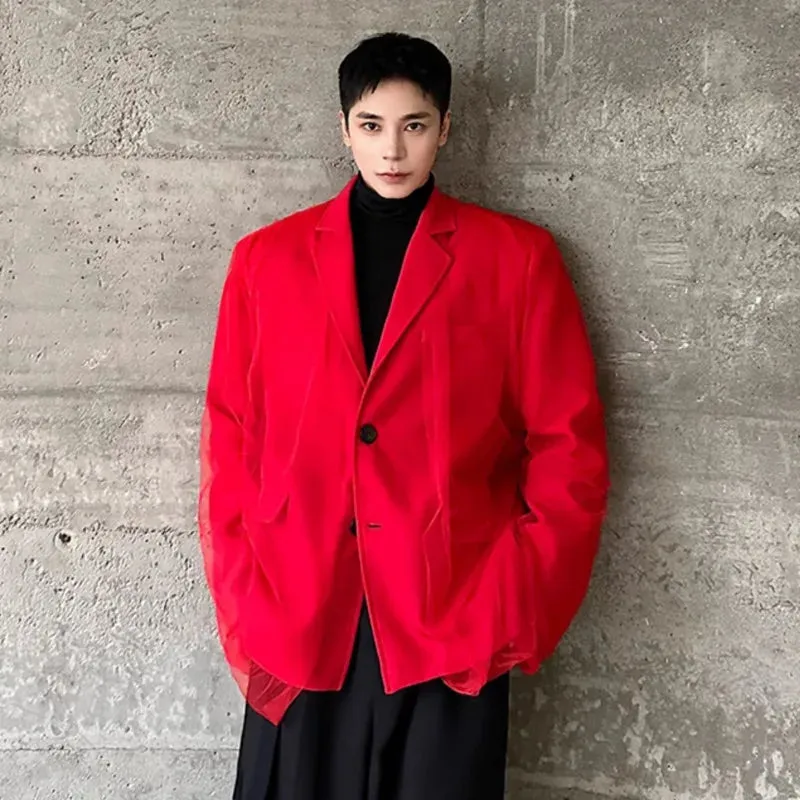 Solid Red Vintage Mesh Patchwork Blazer