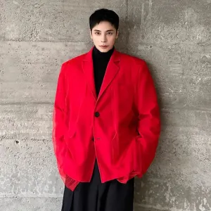 Solid Red Vintage Mesh Patchwork Blazer