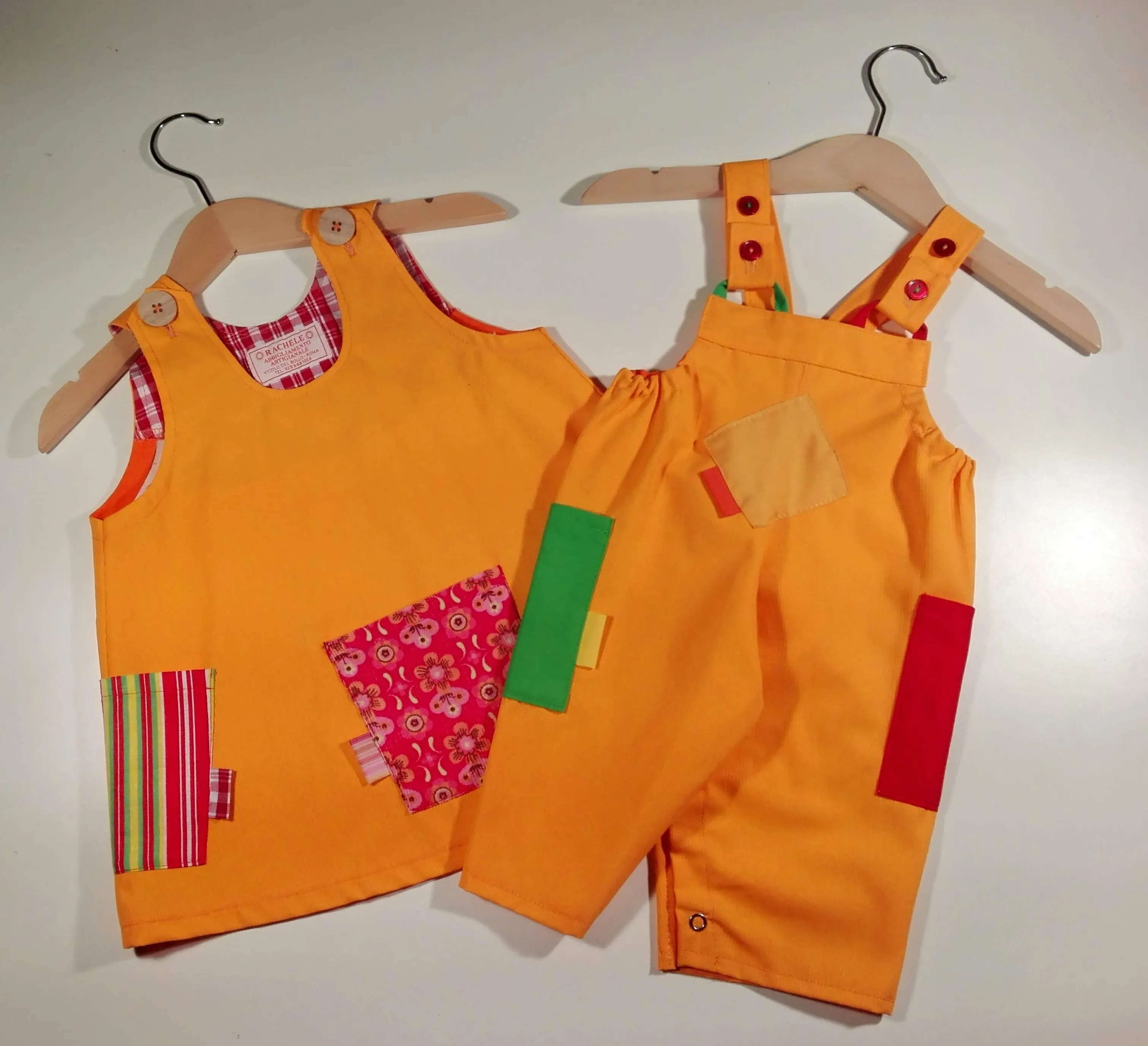 Trapeze Dress in cotton orange with colored patches