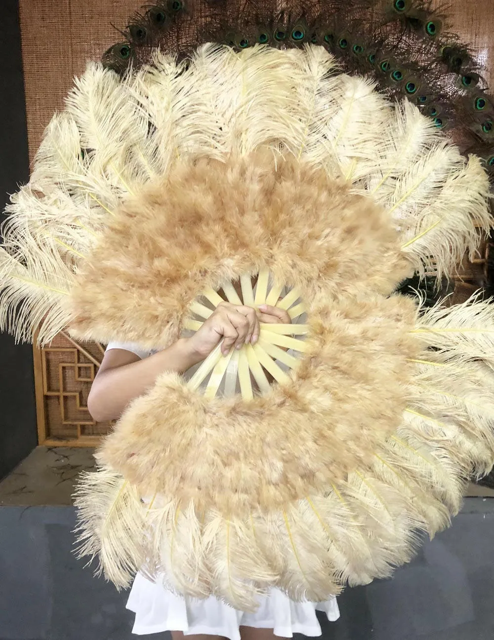 wheat Marabou Ostrich Feather fan 21"x 38"