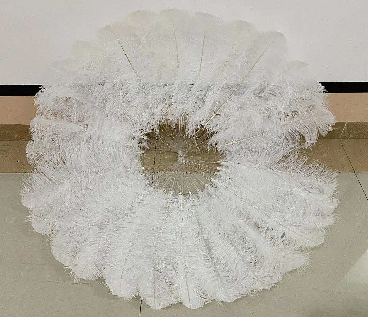 White single layer Ostrich Feather Fan Full open 180 degree 25"x 50"